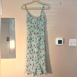Express midi dress spaghetti strap, light blue with cherry blossom pattern